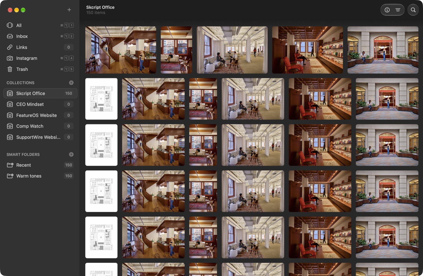 Kosmica on Mac: sidebar with collections and smart folders beside a justified grid of images